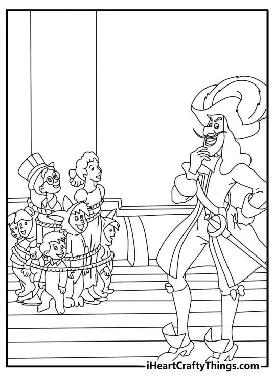 Captain hook tied up by lost boys coloring page for kids