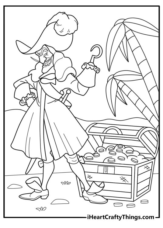 Captain hook with open treasure chest simple coloring sheet