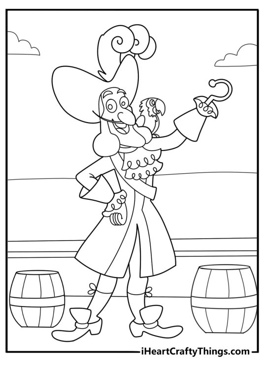 Captain hook with parrot on shoulder coloring sheet for kids