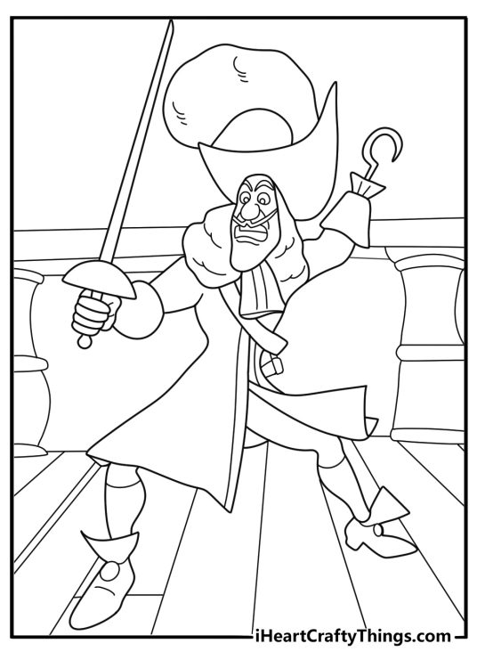 Captain hook with pirate ship in background detailed coloring page
