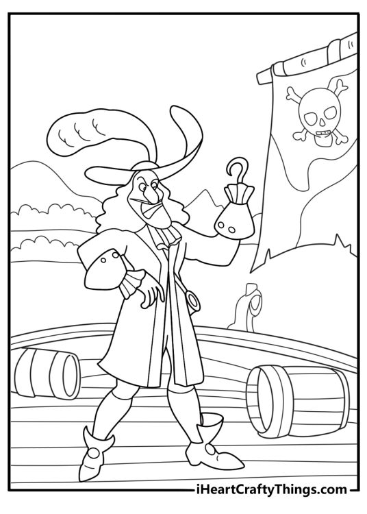 Captain Hook with skull flag pirate theme coloring sheet