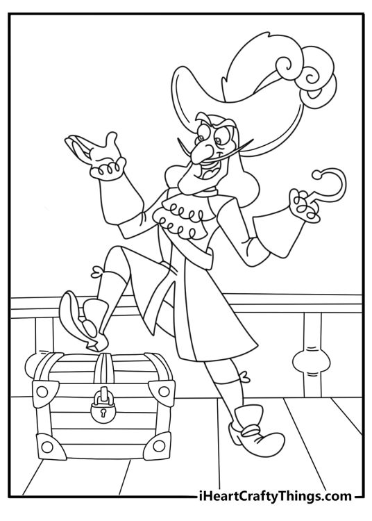 Captain hook with treasure chest simple coloring sheet