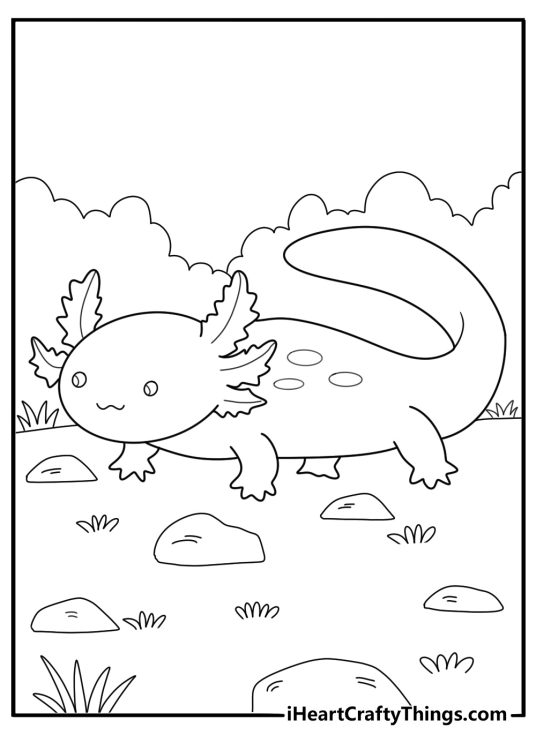 cartoon axolotl walking on land easy coloring page for kids