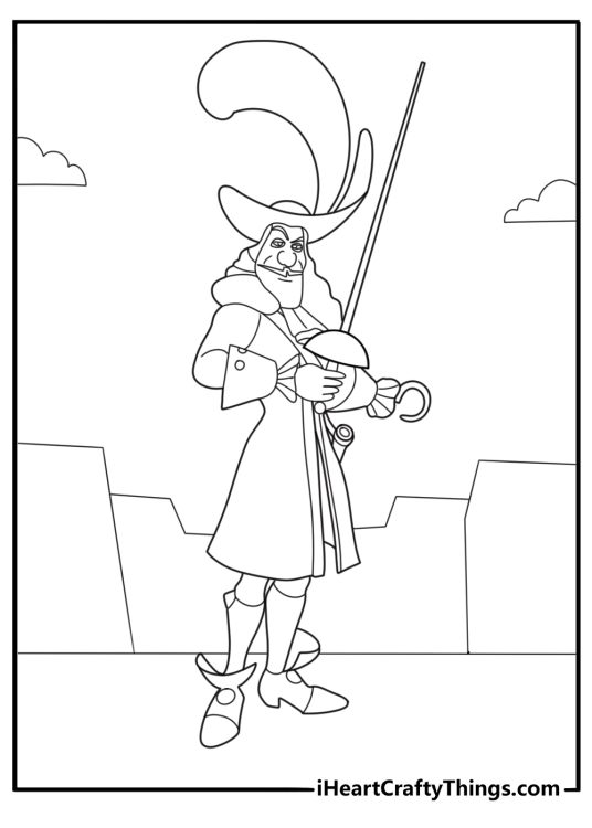Cartoon captain hook with sword fun coloring sheet