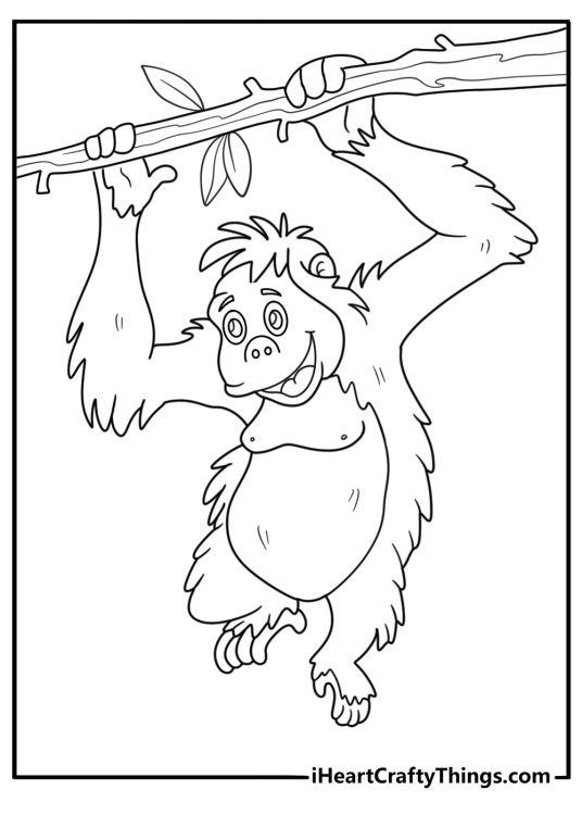 cartoon orangutan hanging from a tree branch fun coloring sheet