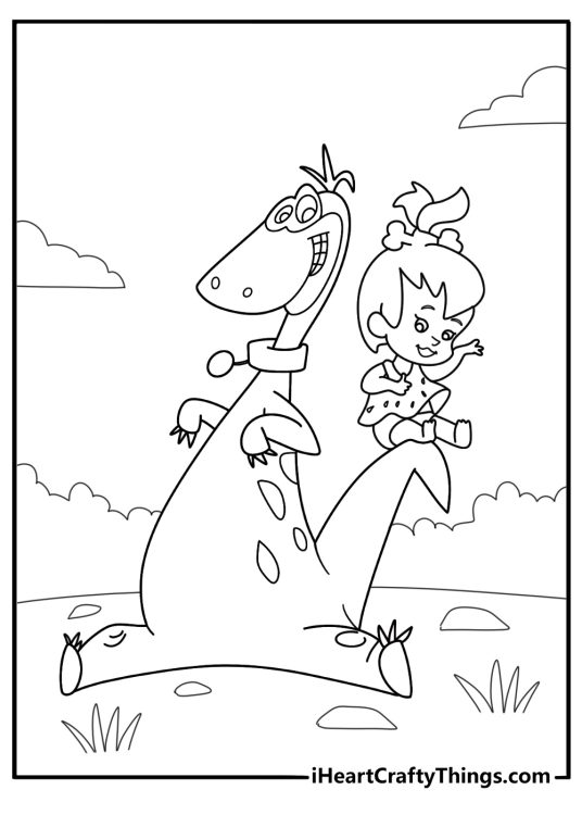 Dino and pebbles playing together coloring page for kids