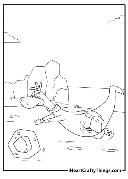 Dino chasing a stone wheel coloring page for kids