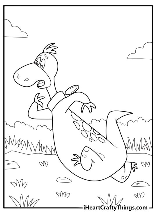 Dino the dinosaur running through the yard coloring page