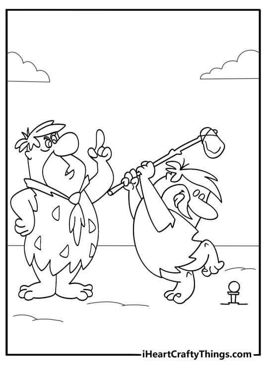 Fred and barney golfing with stone clubs coloring page
