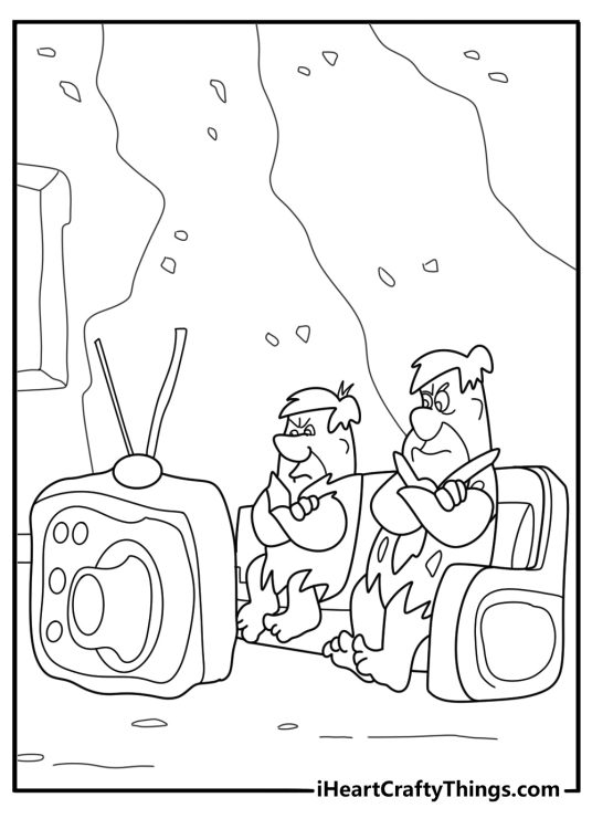 Fred and Barney watching a stone television coloring sheet