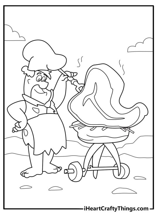 Fred Flintstone cooking on a stone grill coloring page