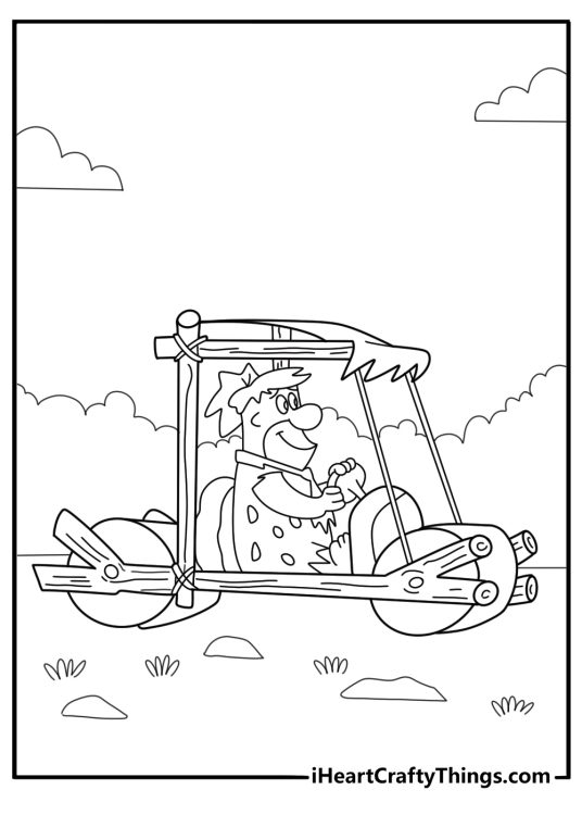 Fred Flintstone driving his stone car coloring page for kids
