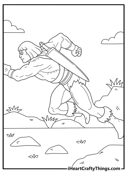 he man running with sword coloring page for kids