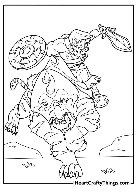 he man on battle cat fun cartoon coloring sheet