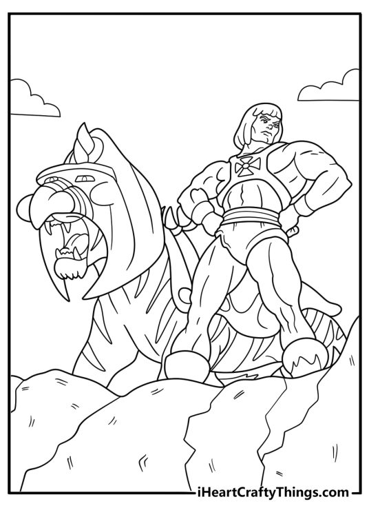 he man standing with battle cat printable coloring page