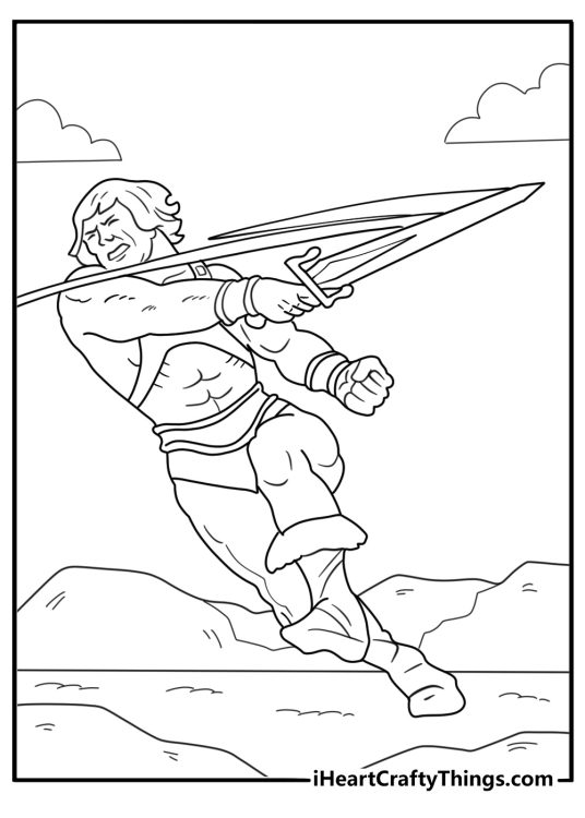 he man swinging sword detailed coloring sheet