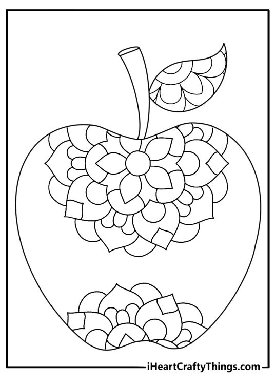 mandala style apple with decorative patterns coloring page for adults