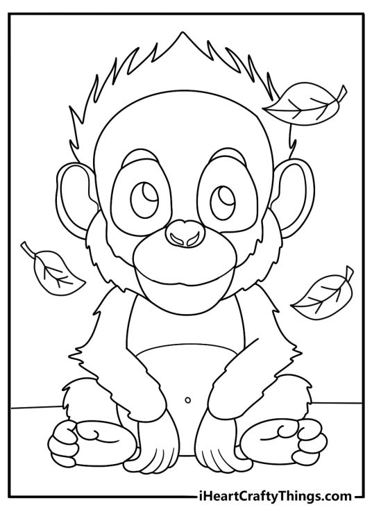 orangutan baby playing with leaves fun coloring sheet for kids