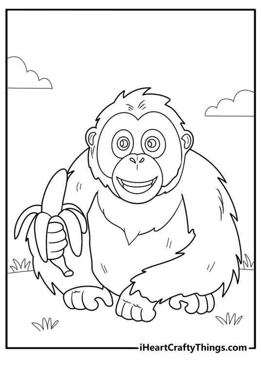 orangutan eating bananas jungle themed coloring page