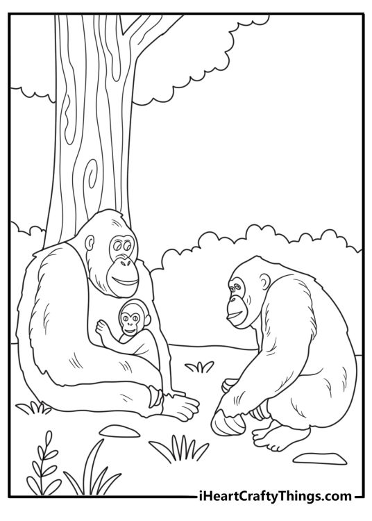 orangutan family together in the jungle cartoon coloring sheet