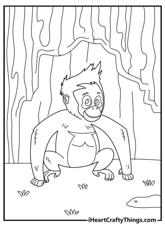 orangutan looking out from a tree hollow cartoon coloring sheet