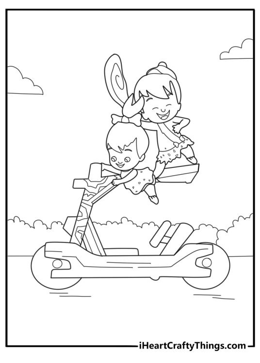 Pebbles and bam bam riding a stone scooter coloring page