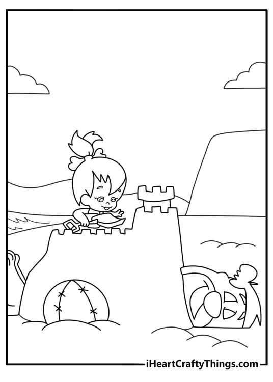 Pebbles Flintstone building a sand castle coloring page