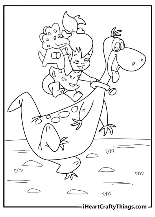 Pebbles Flintstone playing with a dinosaur toy coloring sheet
