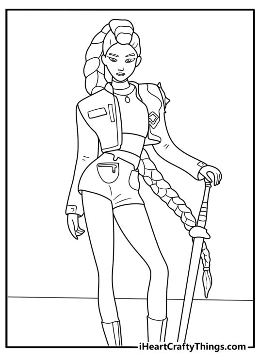 rumi holding enchanted sword detailed kpop demon hunters coloring sheet