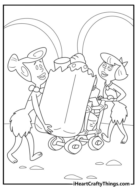 Wilma and Betty shopping in bedrock market coloring page