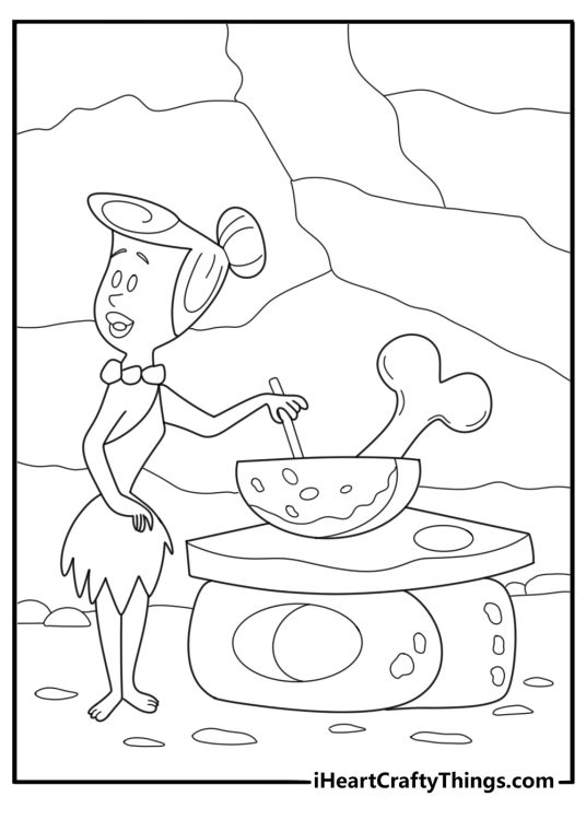Wilma Flintstone cooking in the stone age kitchen coloring sheet