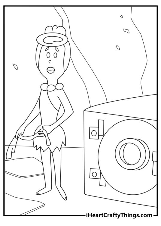 Wilma Flintstone washing clothes in stone tub coloring sheet