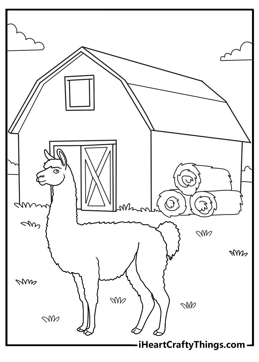 alpaca on a farm with barn background coloring page