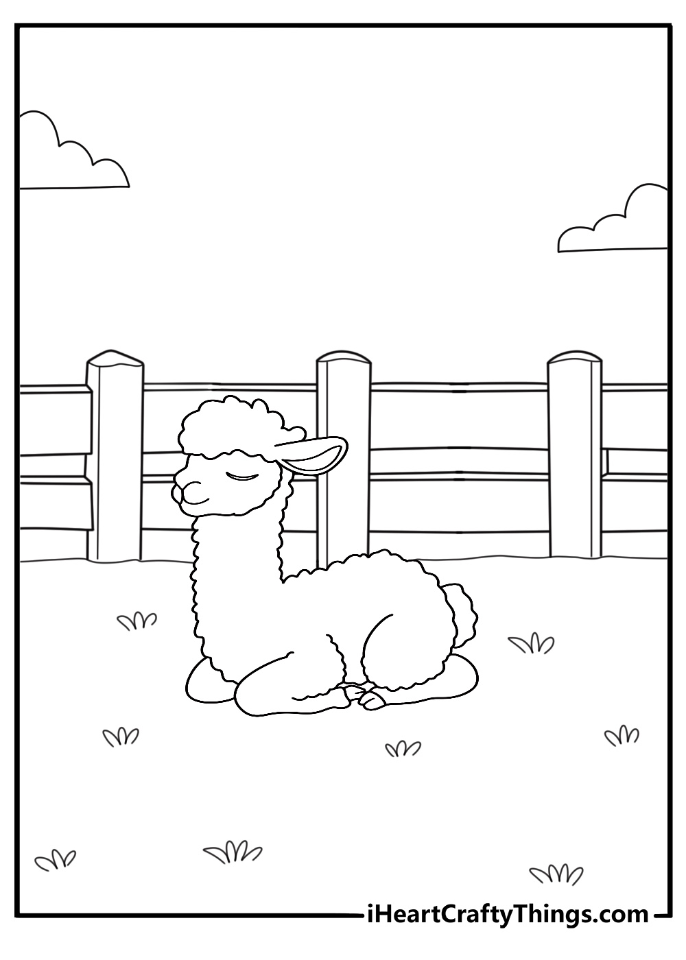 alpaca resting near a wooden fence easy coloring sheet