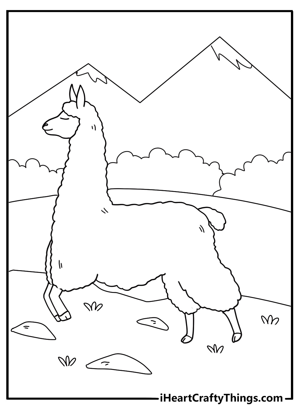 cartoon alpaca running on a hill fun coloring sheet