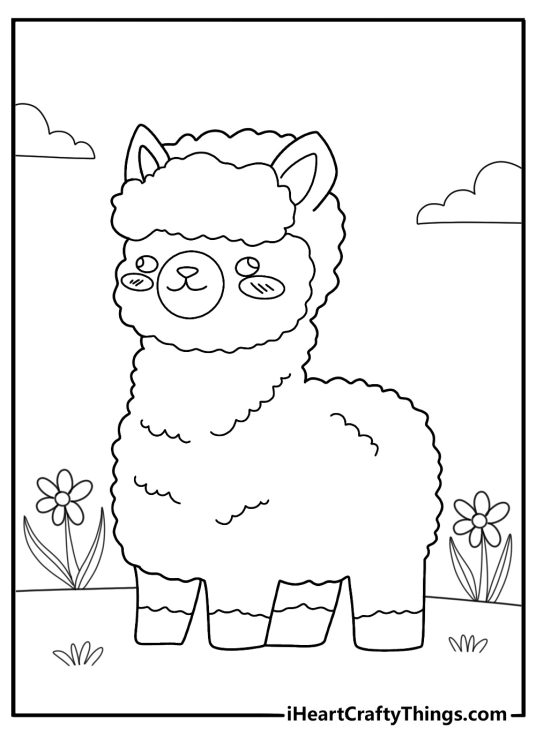 cartoon alpaca with fluffy wool fun coloring sheet