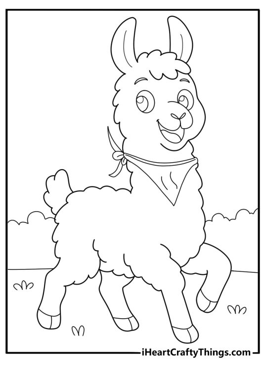 cute alpaca wearing a scarf kawaii style coloring page