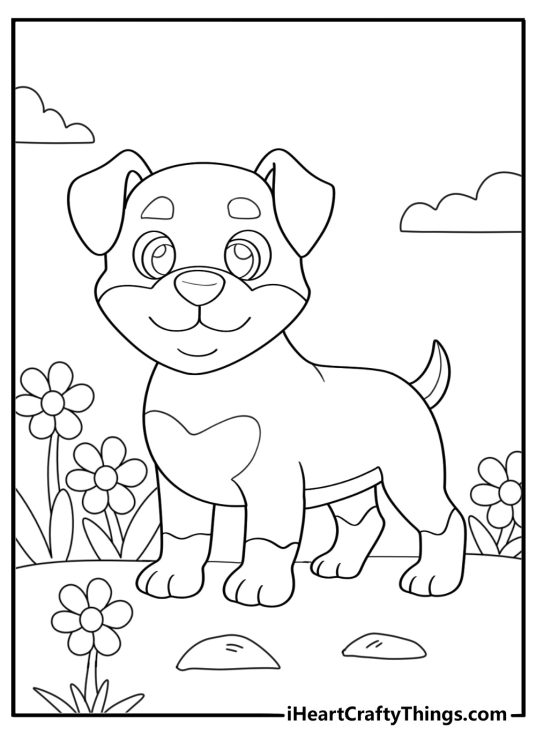 rottweiler in a garden with flowers printable coloring page
