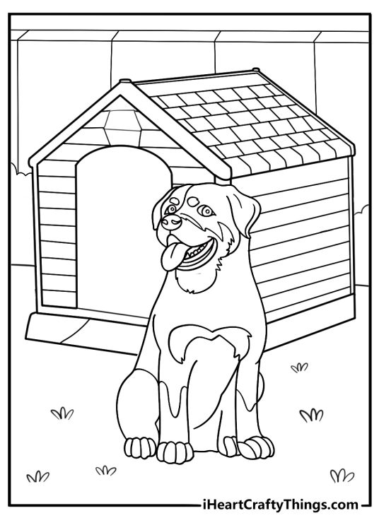 rottweiler sitting near a doghouse simple coloring sheet