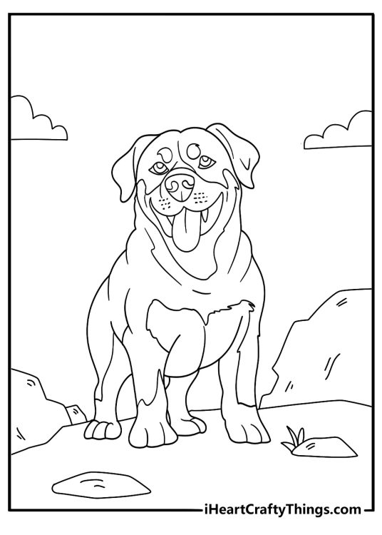 rottweiler standing on a hill outdoor scene coloring sheet
