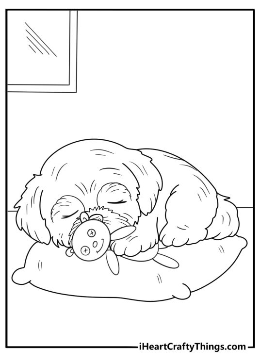 shih tzu puppy cuddling with a toy easy coloring sheet