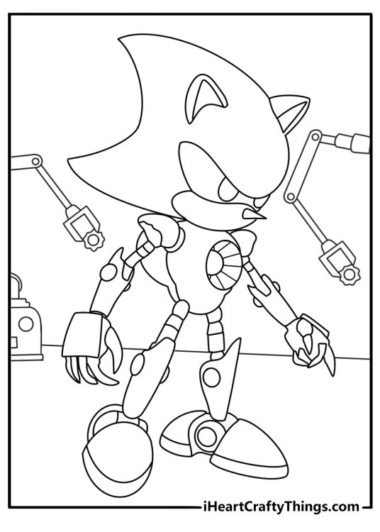Detailed Sonic coloring page with Metal Sonic in a robot lab