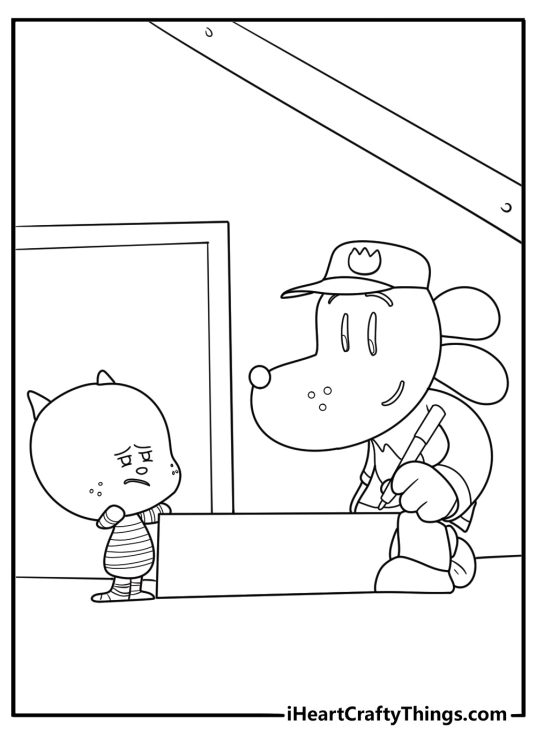 Dog Man and Little Petey making comics at a table coloring page printable