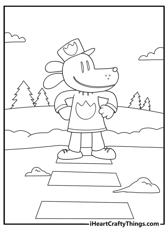 Dog Man directing traffic at a snow covered crosswalk with a stop sign and patrol car simple coloring page