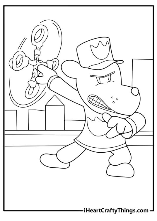 Dog Man using handcuffs to stop a masked crook on a city rooftop coloring poster for kids