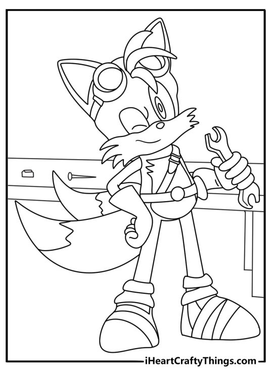 Easy Sonic coloring page with Tails using tools beside a workbench