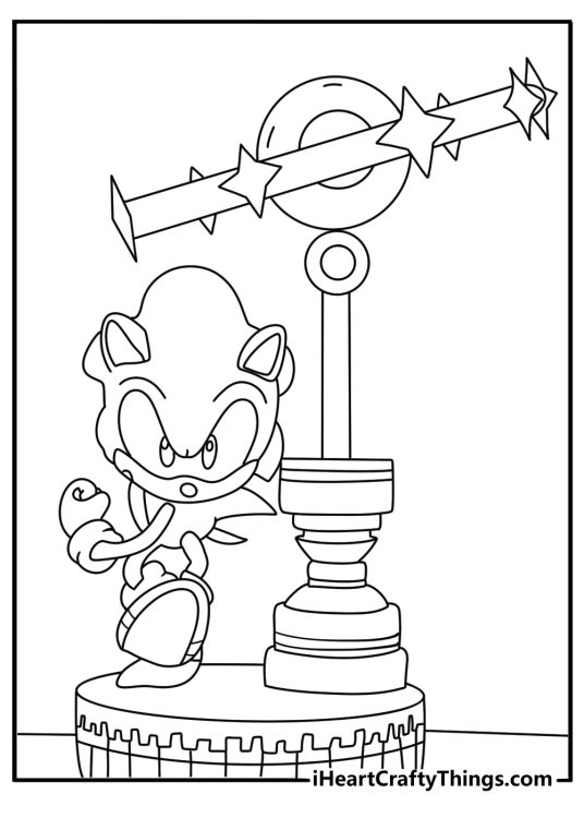 Free Sonic printable of Sonic standing beside a checkpoint post