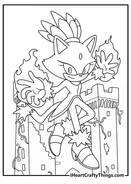 Free Sonic printable with Blaze the Cat using fire near a castle