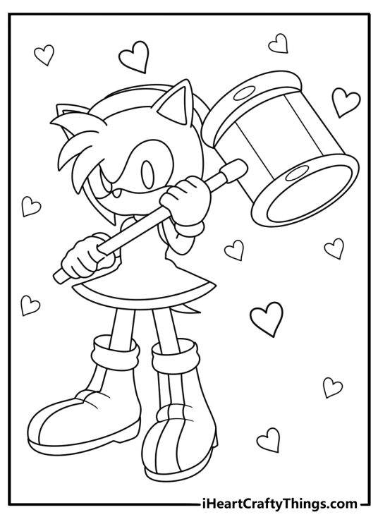 Free printable Sonic coloring sheet with Amy holding her hammer beside hearts
