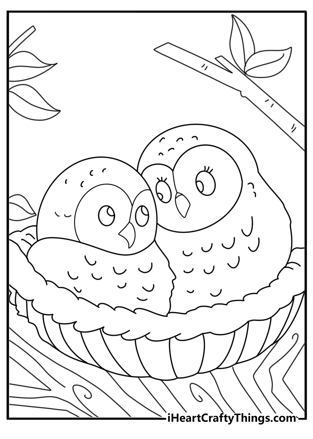Kawaii owl coloring sheet for kids baby owls in tree nest easy printable pdf